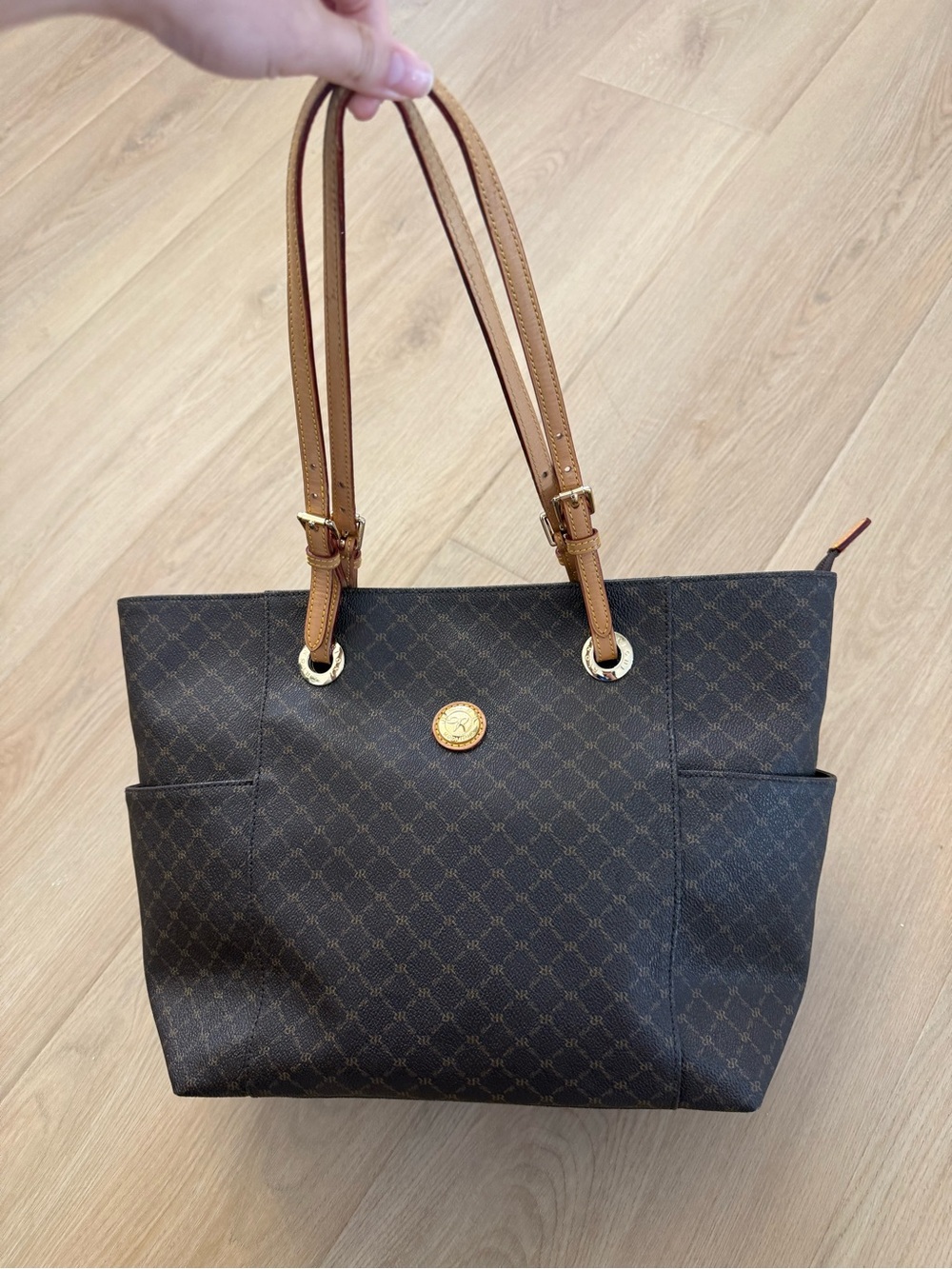 Rioni Moda Italia Canvas Tote Shoulder Bag Brown Monogram Print Handbag J9836Y - Picture 2 of 13